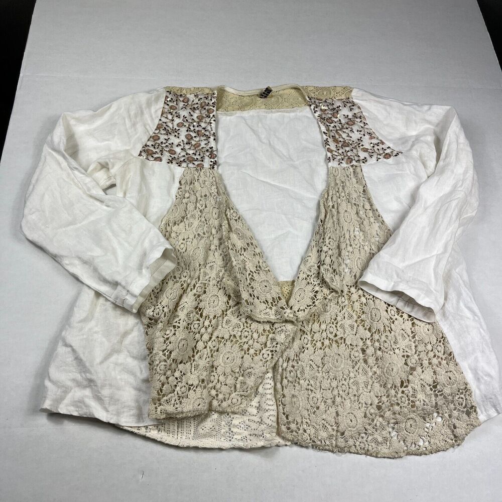 Marilu Womens Linen Blend Jacket White Open Front Lace Sequin Boho SMALL FLAW